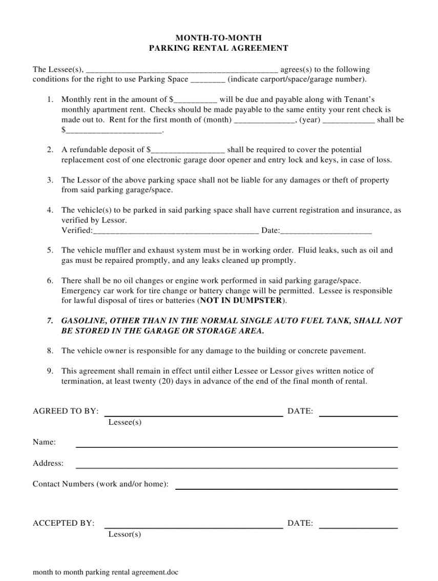 sample monthtomonth parking rental agreement template download refundable car deposit agreement template example