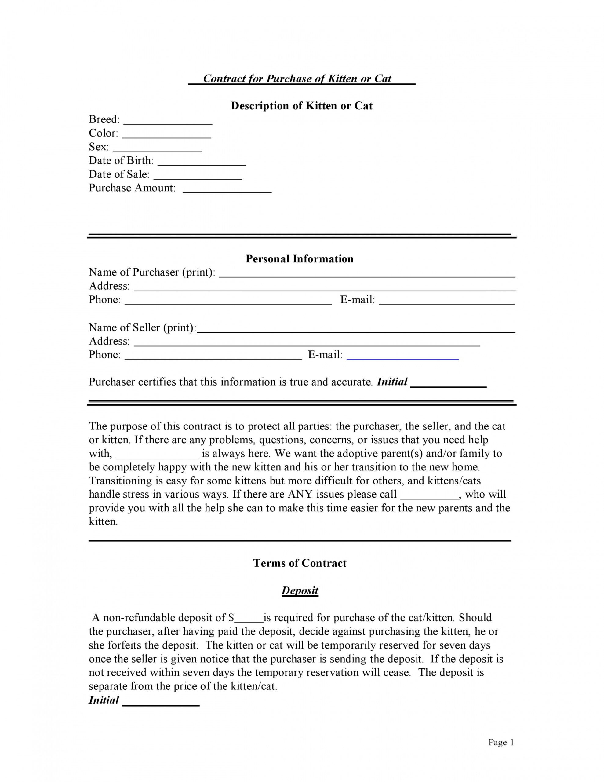 printable free cat or kitten bill of sale form  pdf  word  do it bill of sale with deposit template pdf