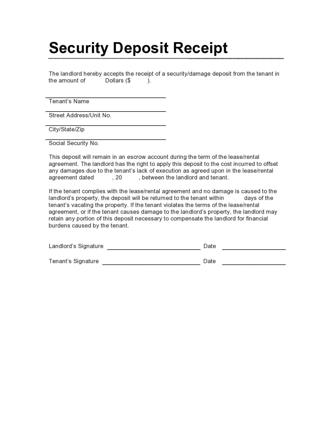 sample 29 editable security deposit receipts pdfword biggerpockets security deposit template excel