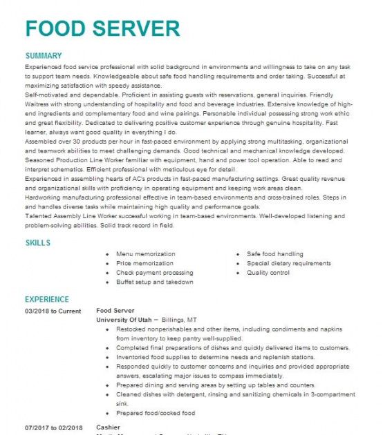 food server resume example bonkers restaurant  cedar city utah chef de partie job description template