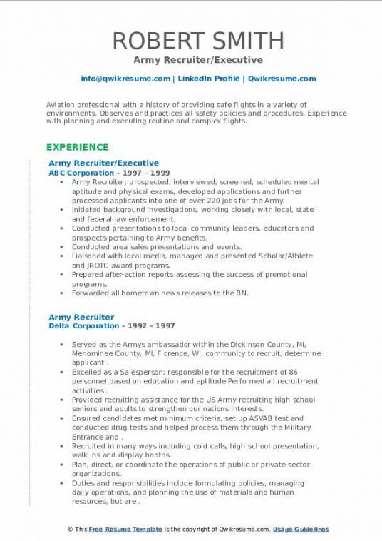 free army recruiter resume samples  qwikresume senior recruiter job description template