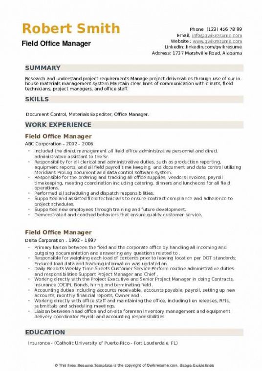 free field office manager resume samples  qwikresume field manager job description template pdf