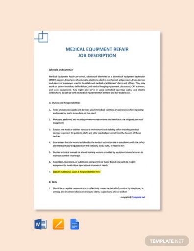 free free medical equipment repair job description  word  google docs healthcare job description template