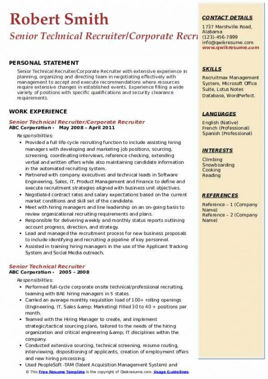 free senior technical recruiter resume samples  qwikresume senior recruiter job description template and sample