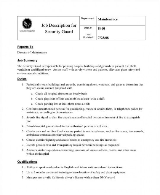 9 security guard job descriptions  free sample example format official job description template pdf