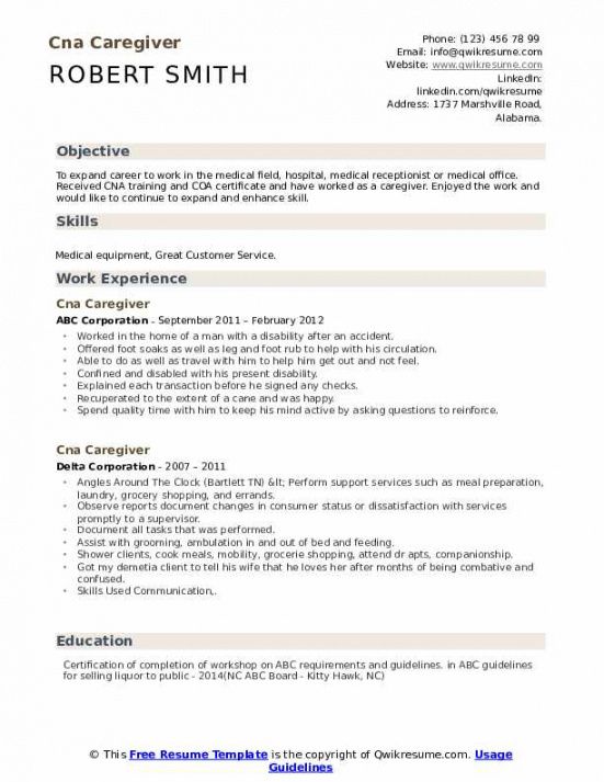 cna caregiver resume samples  qwikresume cna job description template