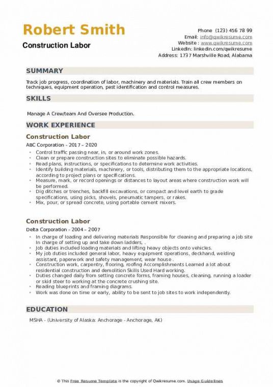 construction labor resume samples  qwikresume general labor job description template