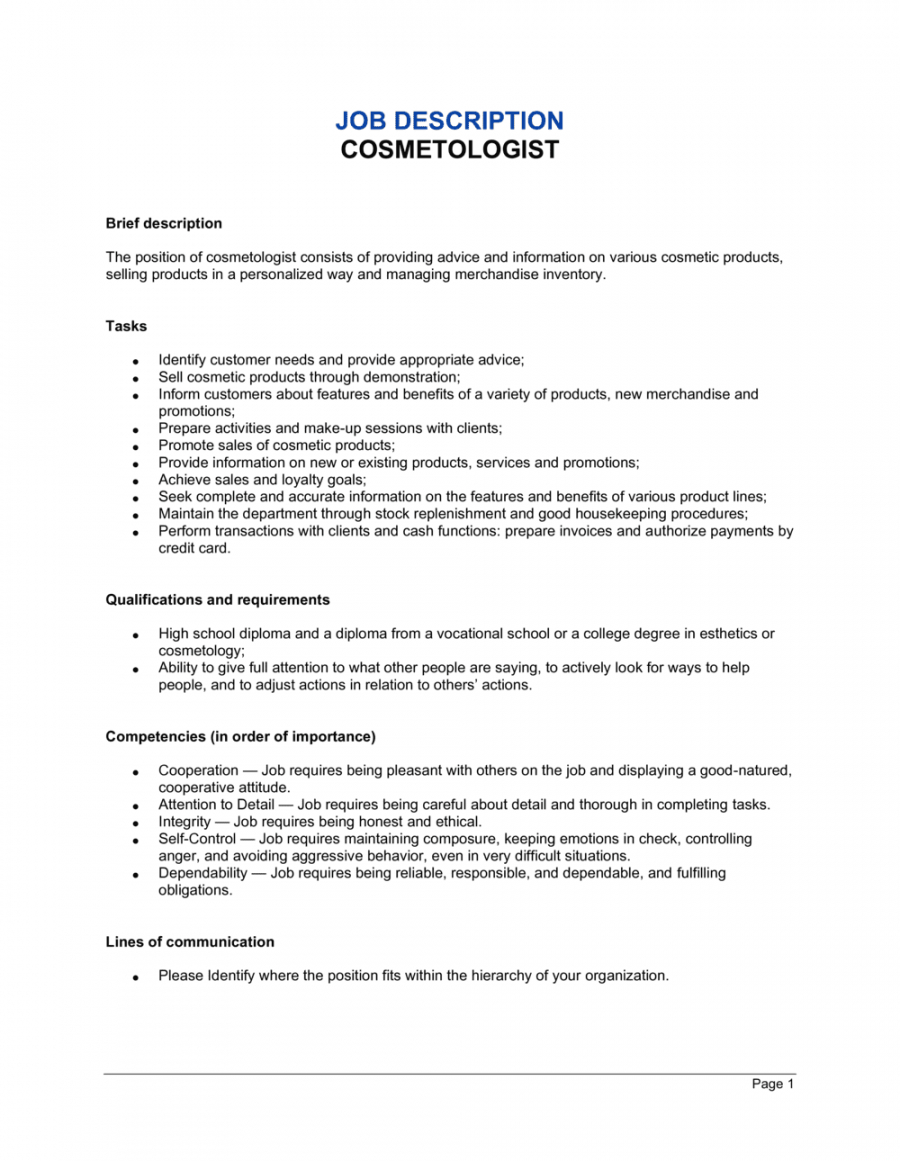 cosmetologist job description template  by businessinabox™ company job description template doc