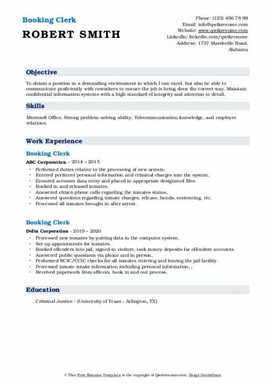 free booking clerk resume samples  qwikresume standard job description template doc
