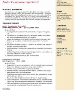 free compliance specialist resume samples  qwikresume standard job description template