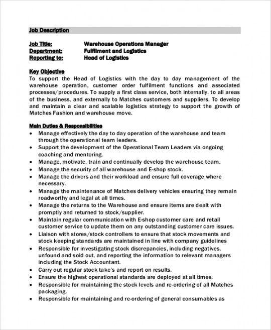 free free 10 sample warehouse manager job description templates in pdf  ms manager job description template doc