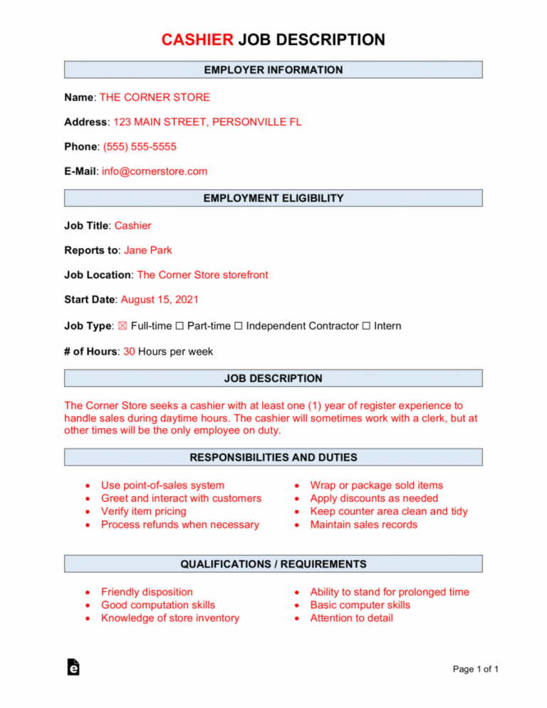 Free Free Cashier Job Description Template Sample Word Pdf Eforms Job Description Format 9074