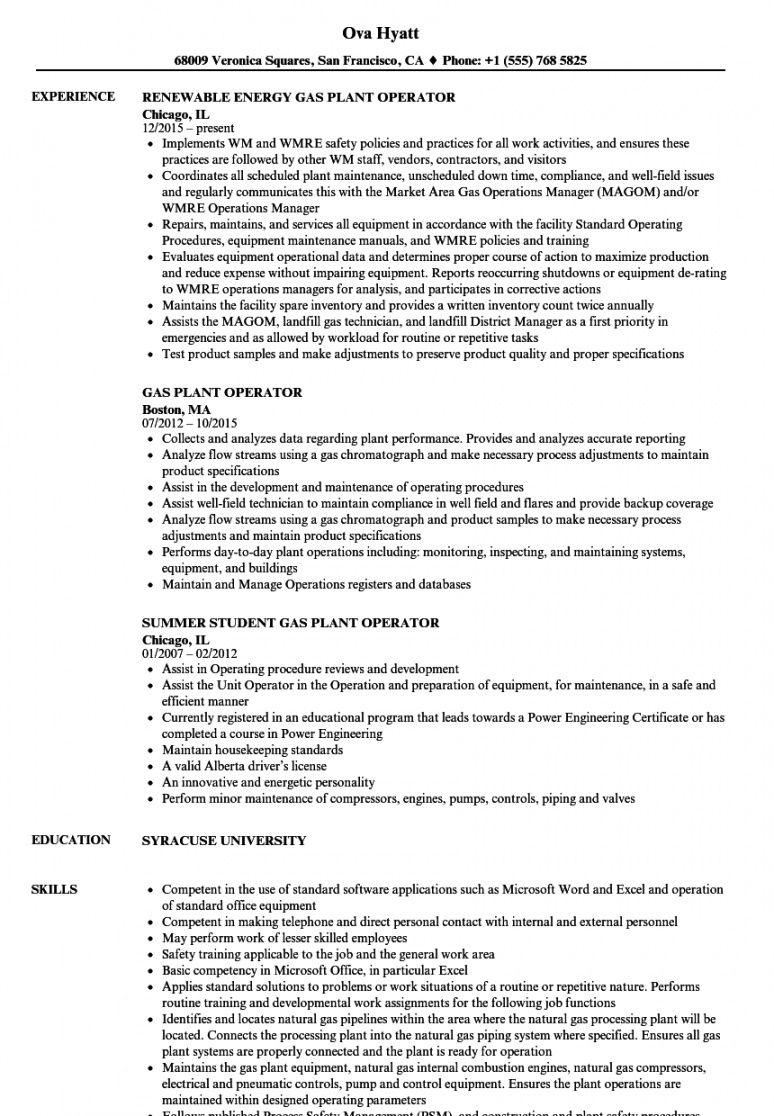 free gas plant operator resume samples  velvet jobs plant manager job description template