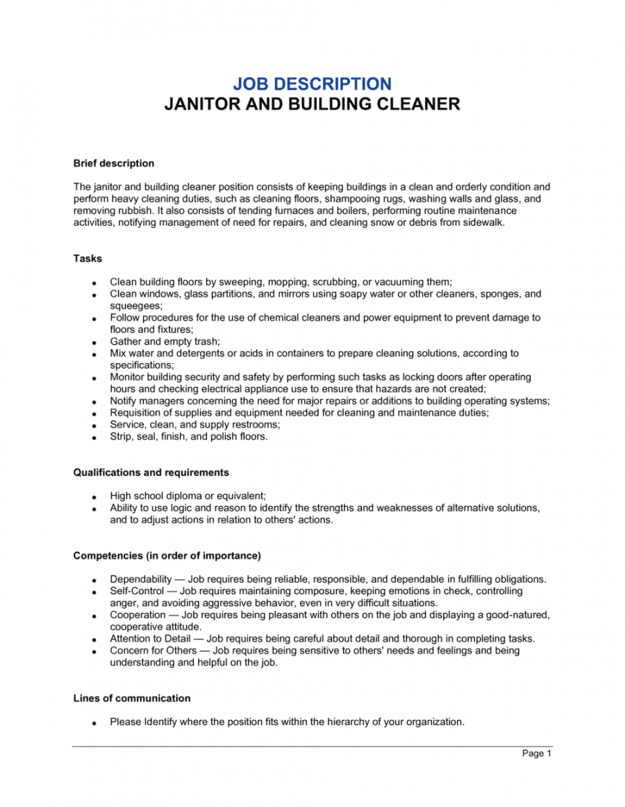 free janitor and building cleaner job description template  by businessin company job description template pdf