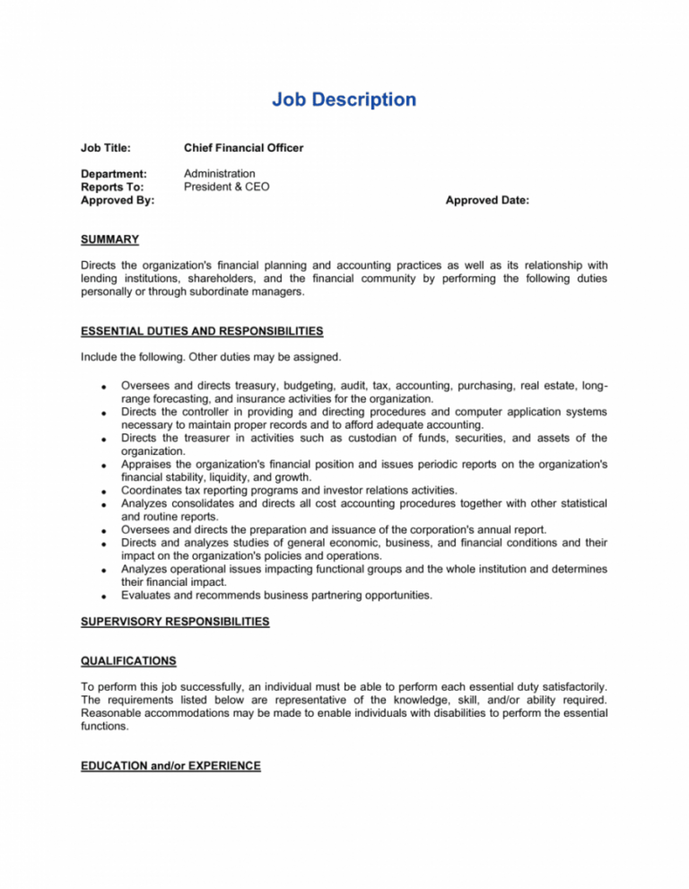 Free Job Description Example For Cfo Template By Businessinabox 