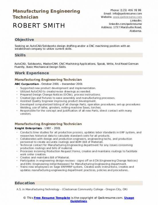 free manufacturing engineering technician resume samples  qwikresume notion job description template pdf