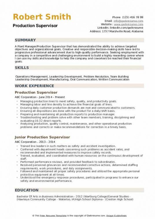 free manufacturing plant supervisor resume april 2021 plant manager job description template