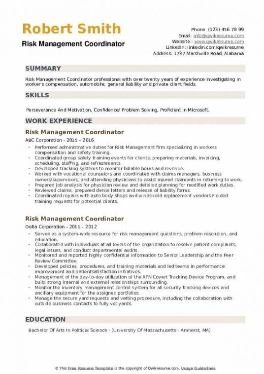 free risk management coordinator resume samples  qwikresume ada compliant job description template