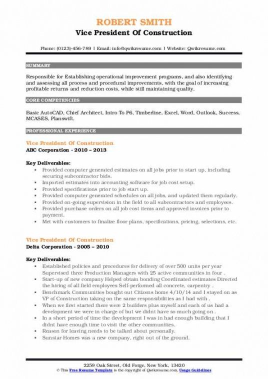 free vice president of construction resume samples  qwikresume vice president job description template doc
