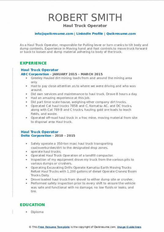 haul truck operator resume samples  qwikresume part time job description template and sample