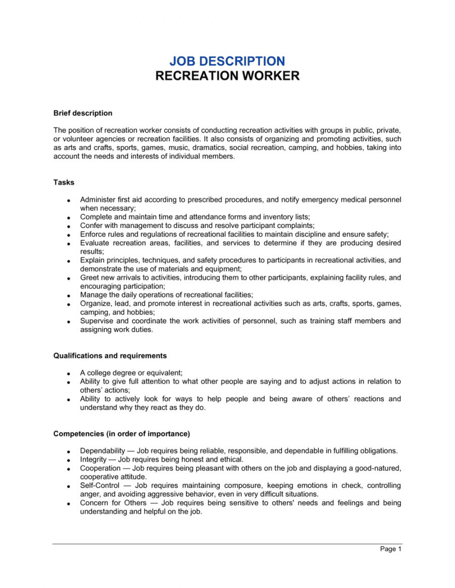 recreation worker job description template  by businessinabox™ employee job description template and sample
