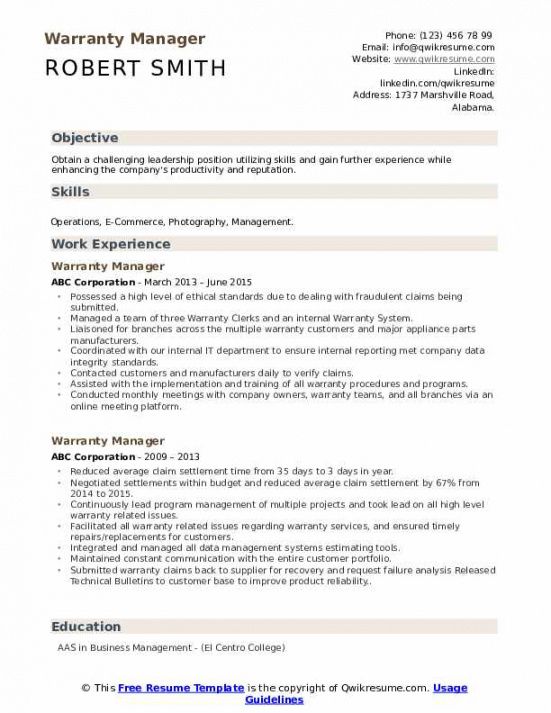 warranty manager resume samples  qwikresume e-commerce job description template