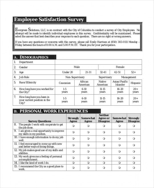 free 9 sample employee satisfaction survey forms in pdf  pages customer satisfaction form and analysis template example