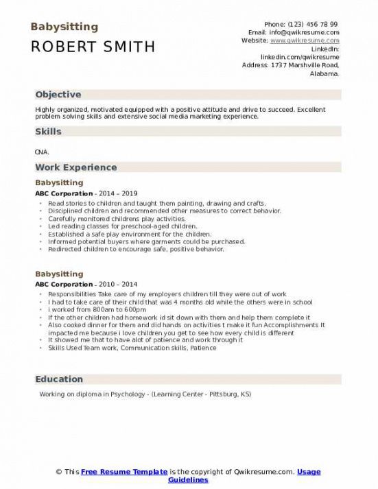 free babysitting resume samples  qwikresume babysitting job description template pdf