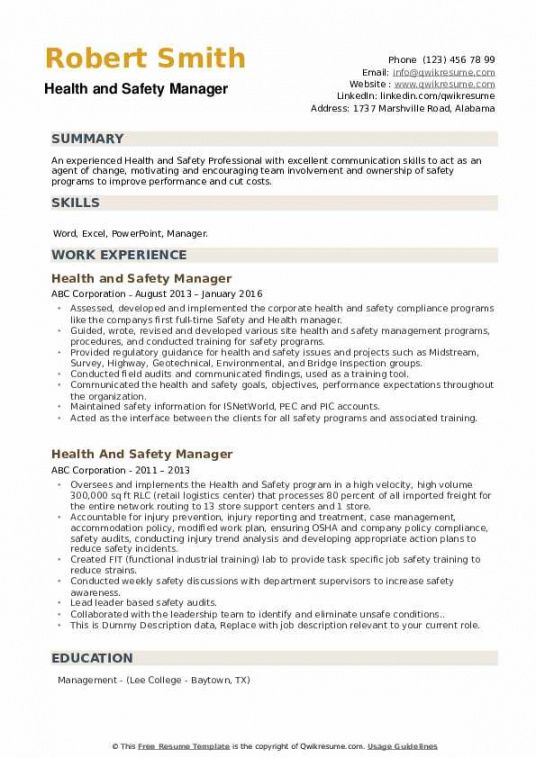 free health and safety manager resume samples  qwikresume safety manager job description template