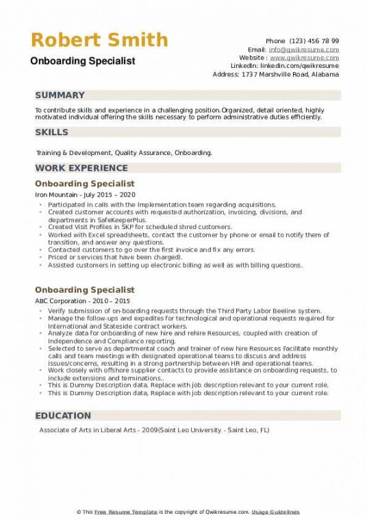 free onboarding specialist resume samples  qwikresume trainee job description template