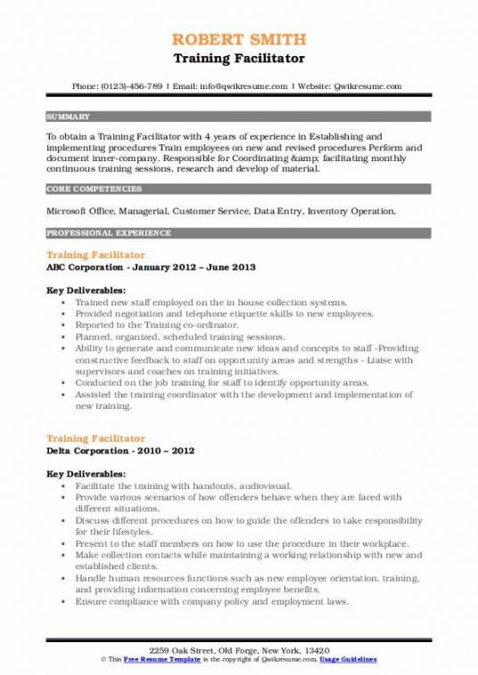 free training facilitator resume samples  qwikresume trainee job description template doc