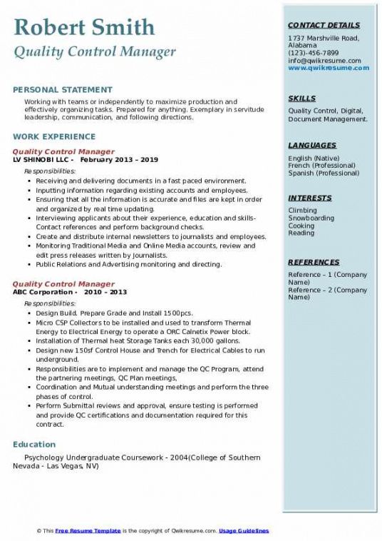 quality control manager resume samples  qwikresume quality control job description template