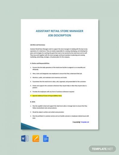 assistant hr manager job description template  google docs word shop manager job description template