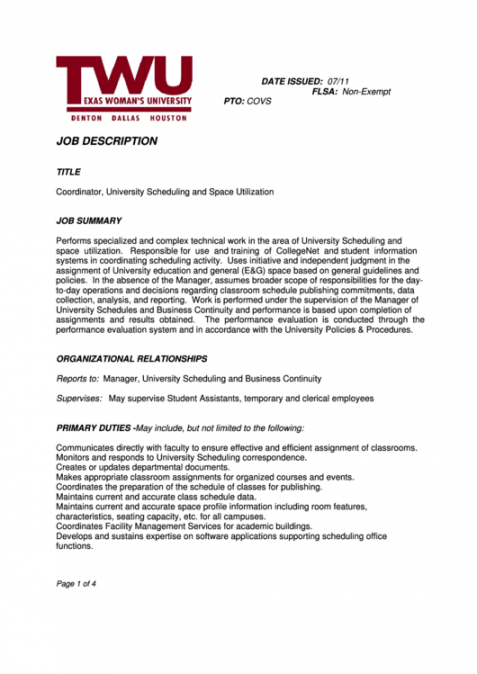 coordinator university scheduling and space utilization job description printable pdf download training coordinator job description template pdf