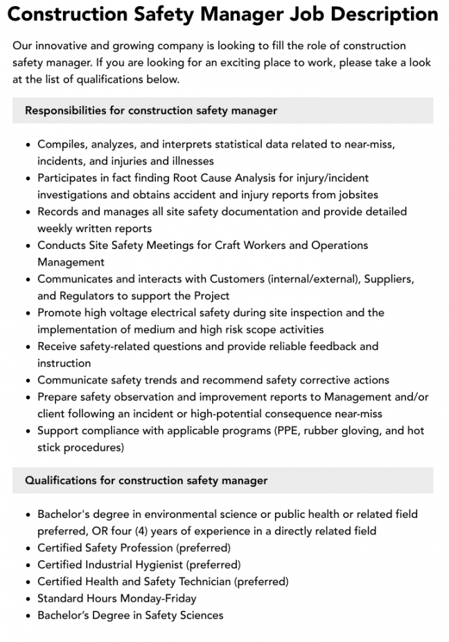 free construction safety manager job description  velvet jobs safety director job description template doc