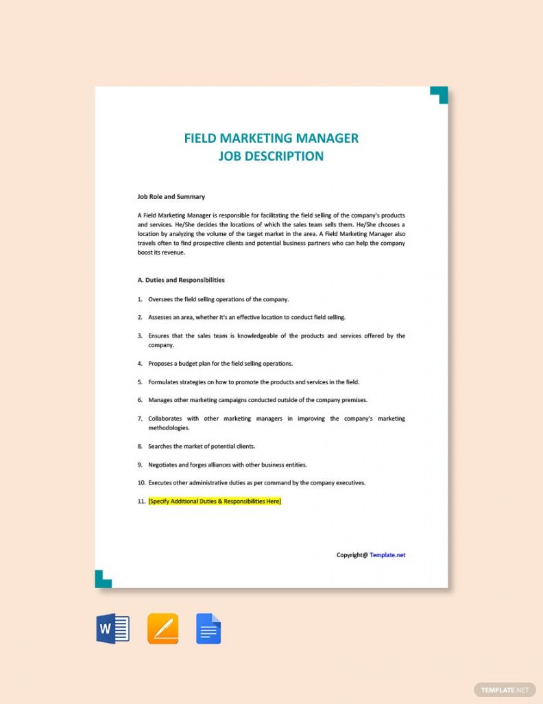 free field marketing representative job description template  google docs marketing manager job description template pdf