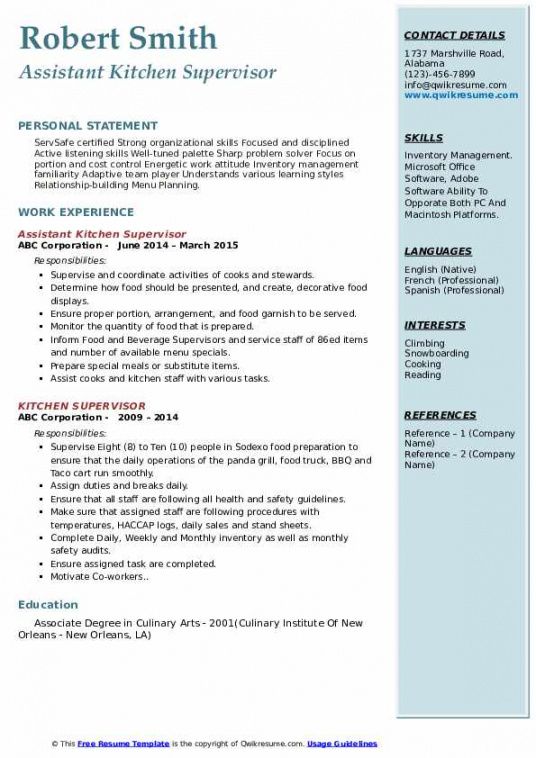 free kitchen supervisor resume samples  qwikresume kitchen manager job description template pdf