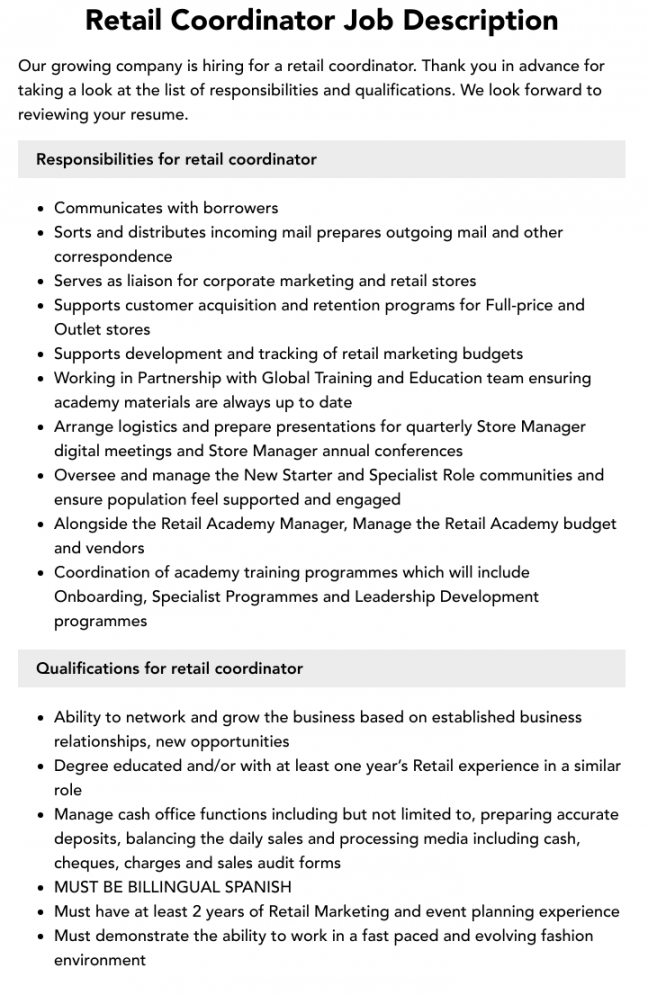 free retail coordinator job description  velvet jobs training coordinator job description template pdf