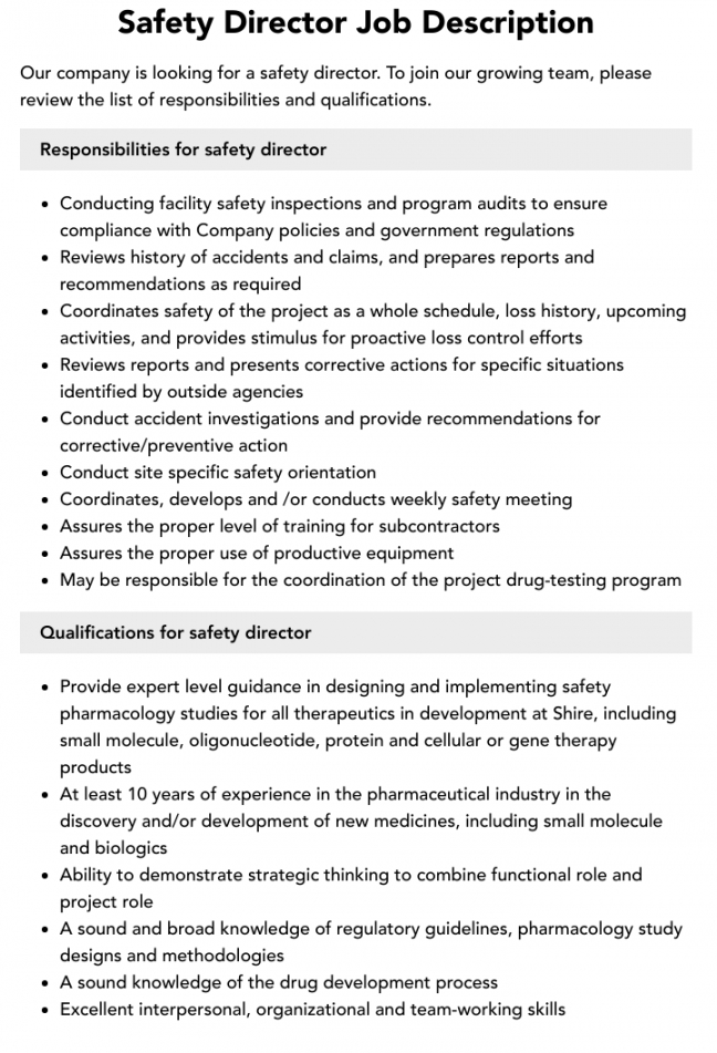 free safety director job description  velvet jobs safety director job description template and sample