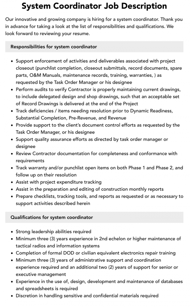 free system coordinator job description  velvet jobs training coordinator job description template pdf