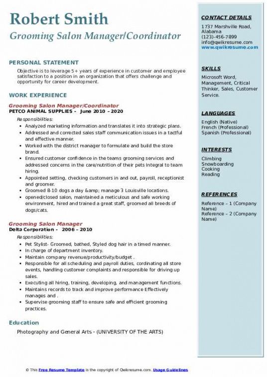 grooming salon manager resume samples  qwikresume salon manager job description contract template and sample