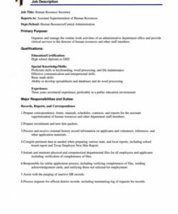 human resource secretary  job description printable pdf download human resources assistant job description template and sample