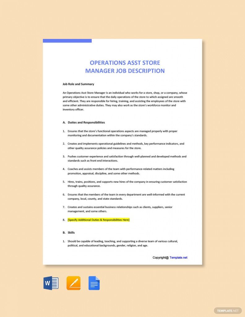 operations asst store manager job description template  google docs shop manager job description template and sample