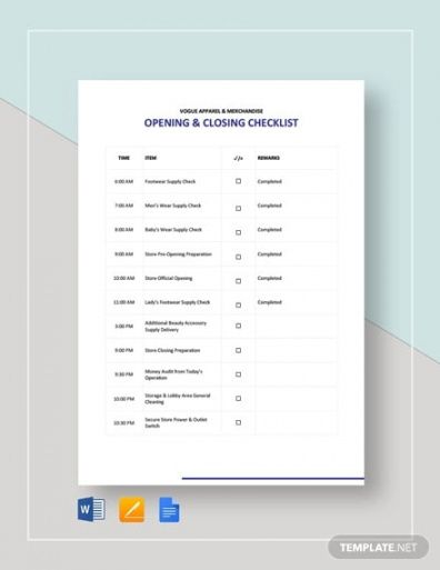 free opening and closing checklist template  pdf template bar opening and closing checklist template doc