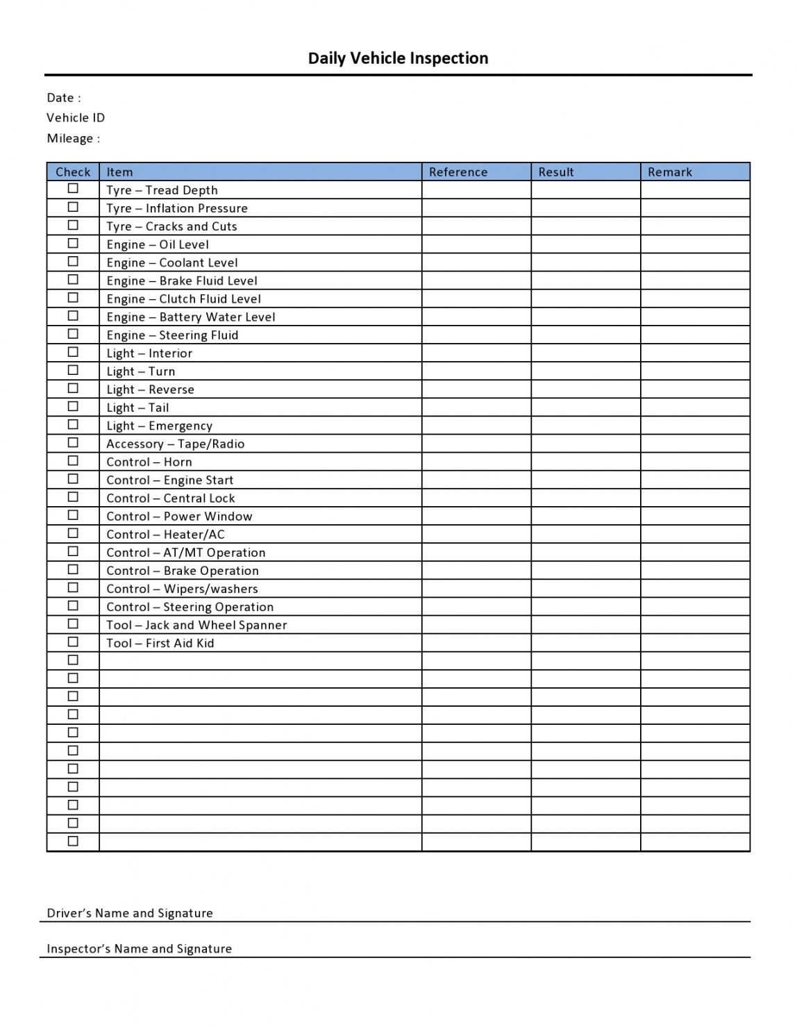 printable car inspection checklist car rental inspection checklist template doc