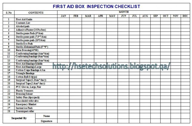 printable hse tech solutions 20160103 first aid box checklist template excel