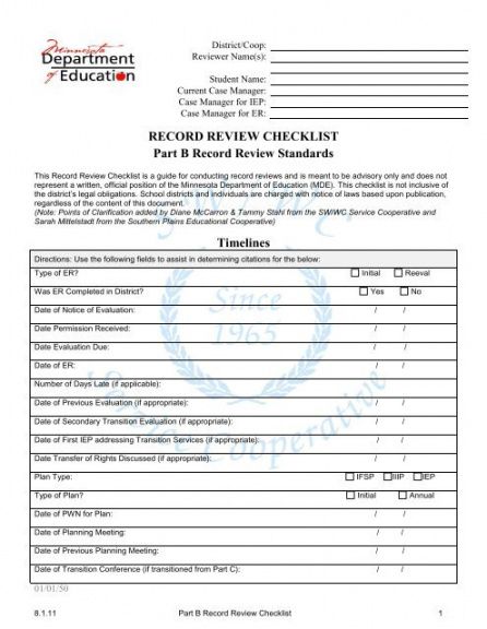 printable record review checklist  part b batch record review checklist template doc