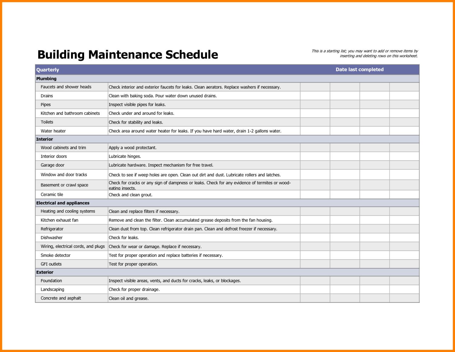 editable grounds maintenance checklist template commercial building maintenance checklist template doc