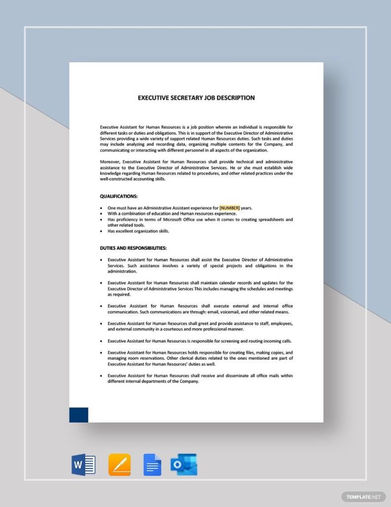 free job description template google docs  printable templates company secretary job description template and sample