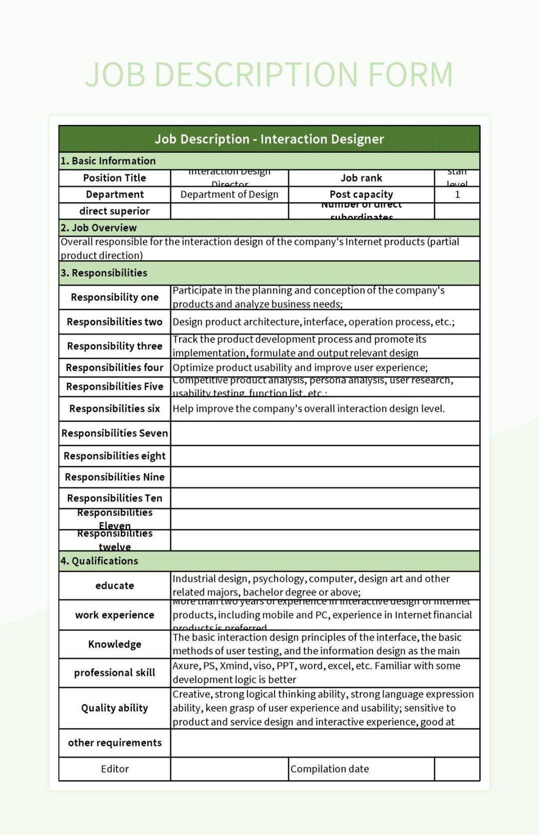 job description form excel template and google sheets file for free download  slidesdocs workers compensation job description template pdf